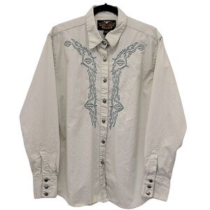 Harley Davidson Ladies Embroidered Metal Button Up Shirt Western Biker Rodeo SzL